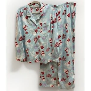 Pink K Women's XL Snowman Print Pajama Set Long Sleeve Fleece Aqua Blue‎
